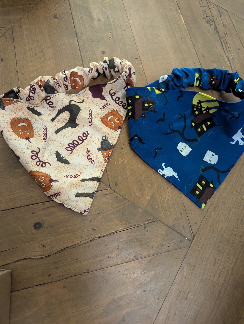 Halloween Blue And Tan Handmade Elastic Dog Bandanas Set Of 2